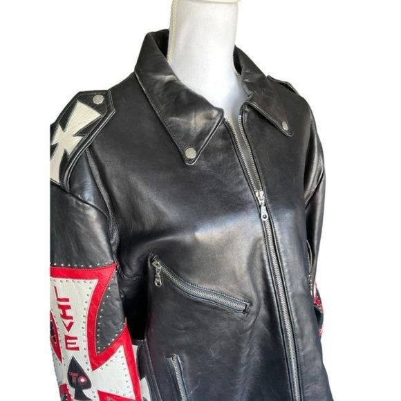 Tribe America Mens Moto Jacket Coat Leather Iron Cross Black Sz 48 Live To Ride - Picture 3 of 13